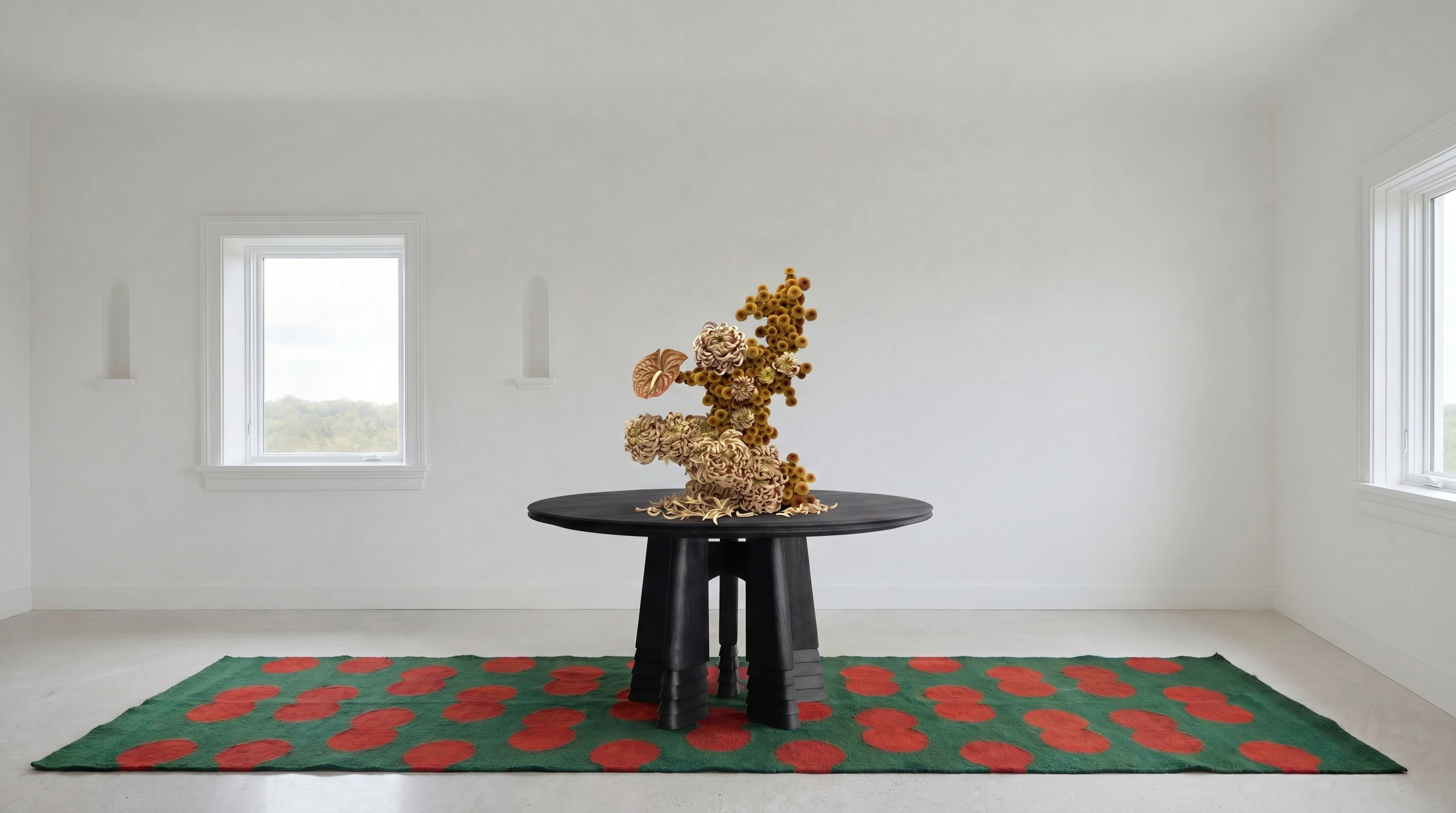 Interior with a floral sculpture on a black table